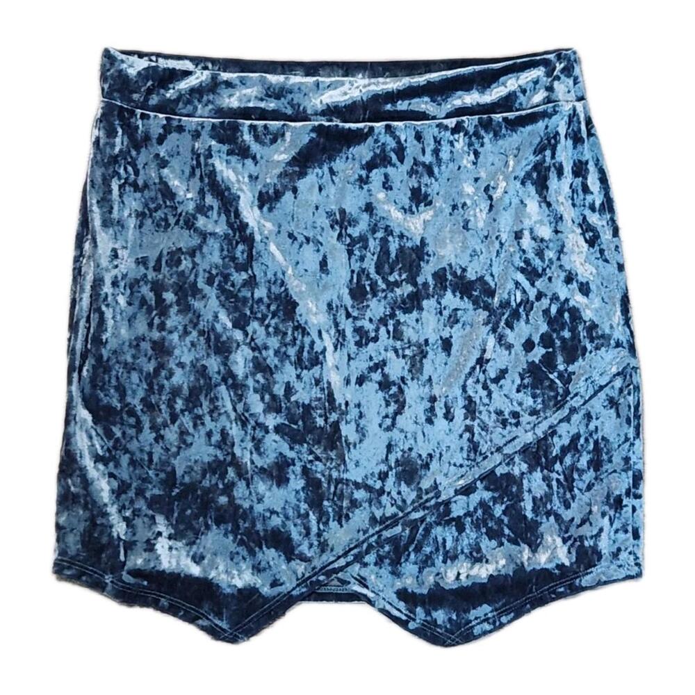 The Pants Store Skirt Mini Velvet Large Stretch Velour Blue Art Uneven Hem Y2k